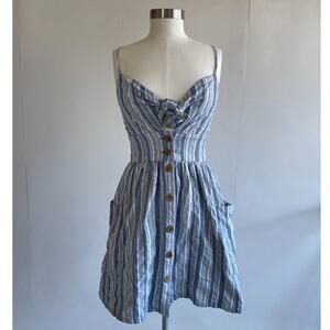 Roxy Under the Cali Sun Blue Striped Dress Sz SP Front Tie Shirred Summer Cotton